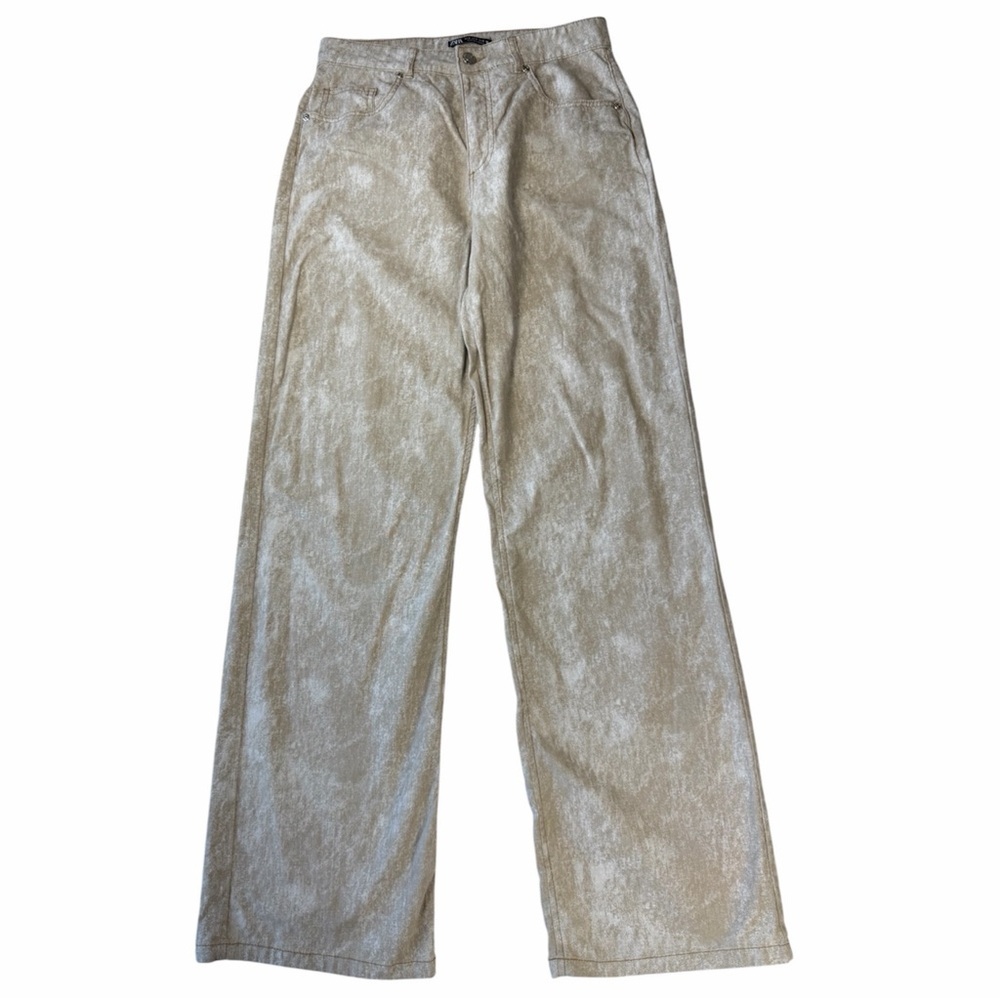 ✅ Zara Beige printed Wide straight Leg Pants linen cotton blend size S